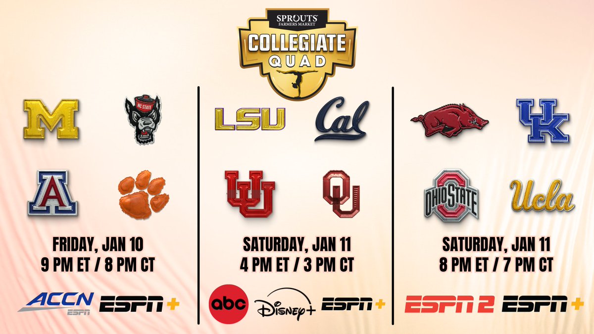 Friday &amp; Saturday, the <a href="/CollegiateQuad/">Sprouts Farmers Market Collegiate Quad</a> flips into action
 
🤸‍♀️ Live on ABC, ESPN2 &amp; @ACCNetwork
🤸‍♀️ All 3 quads streaming on ESPN+
🤸‍♀️ Session 2 available to all <a href="/DisneyPlus/">Disney+</a> subscribers (Sat, 4p ET)
🎙️ <a href="/jrflipfest/">John Roethlisberger</a>, <a href="/Aly_Raisman/">Alexandra Raisman</a> &amp; <a href="/taylorbethdavis/">Taylor Davis</a>

Tickets: bit.ly/3WfPK9I