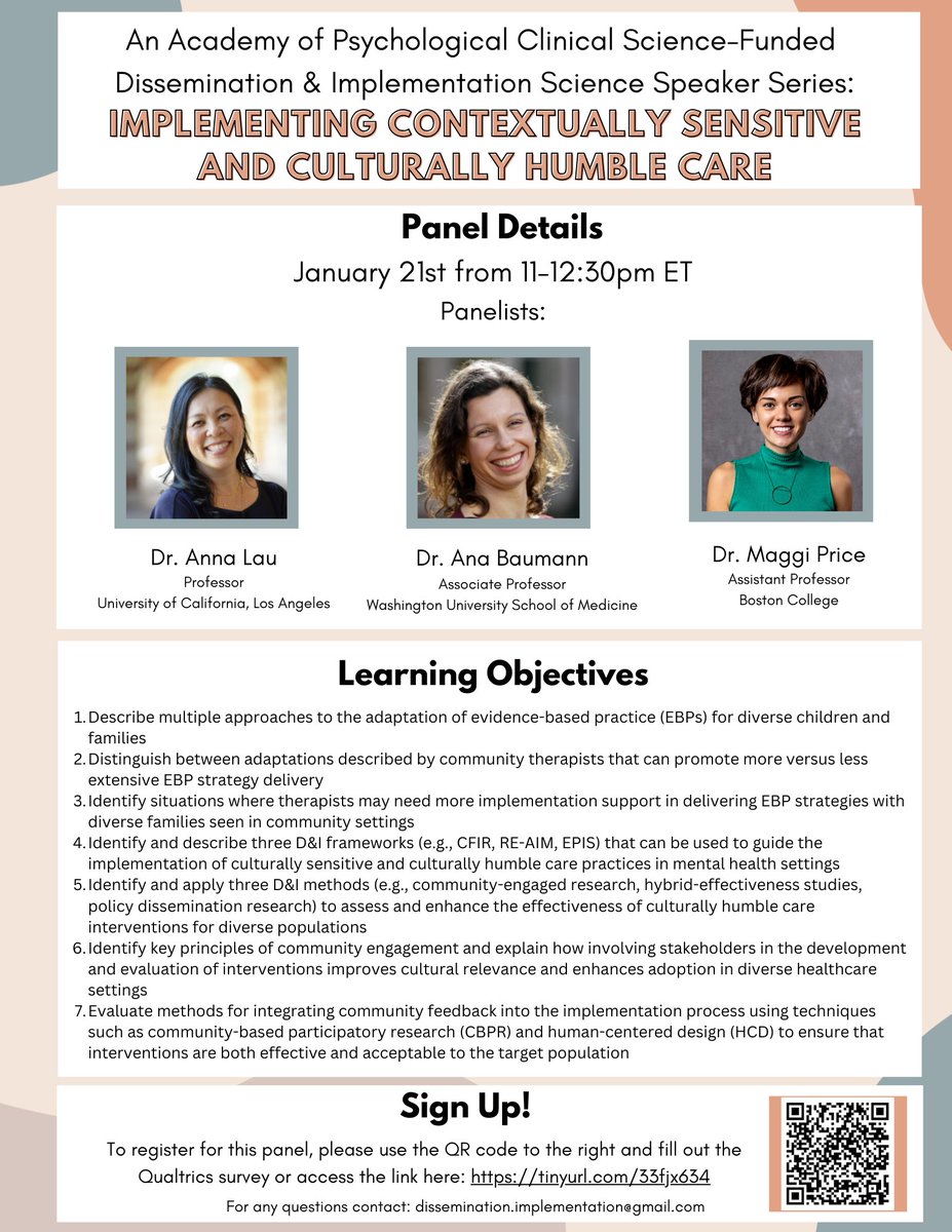 Registration for the next panel as part of our APCS-funded D&amp;I speaker series is open!  Use the QR code to sign up and get the Zoom link for "Implementing Contextually Sensitive and Culturally Humble Care" with our wonderful panelists <a href="/annaslau/">Anna Lau</a>, <a href="/BaumannAna/">Ana Baumann (she/her)</a>, and <a href="/MaggiPrice/">Dr. Maggi Price</a>