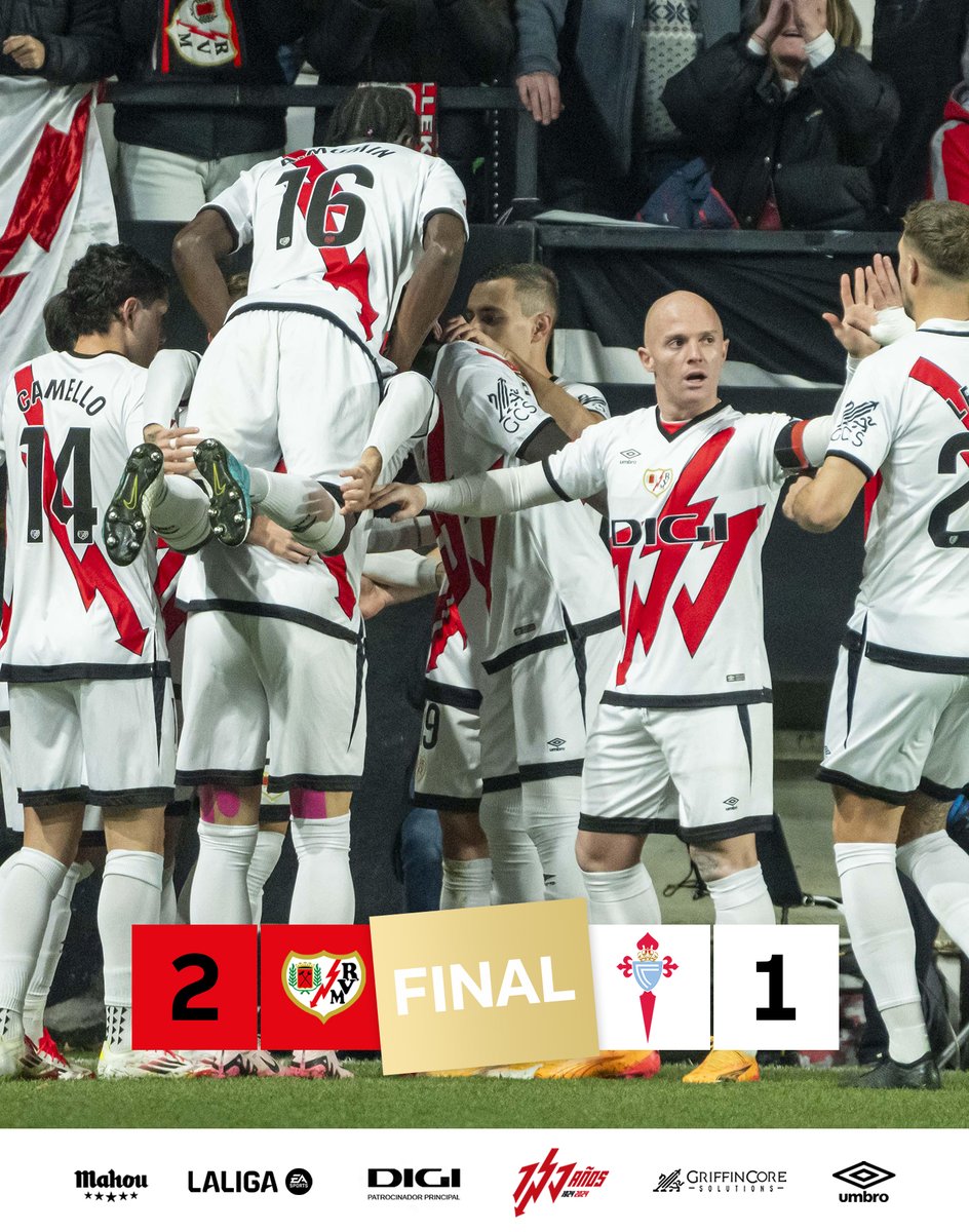 ⚡️¡FINAAAAAL EN VALLECAS!
➕3⃣ con goles de <a href="/AdriEmbarba11/">Adrián Embarba</a> (4') y <a href="/Jorge_deFrutosS/">Jorge De Frutos</a> (62').

👏 ¡Gracias rayistas por vuestro apoyo incansable!

#RayoCelta #VamosRayo