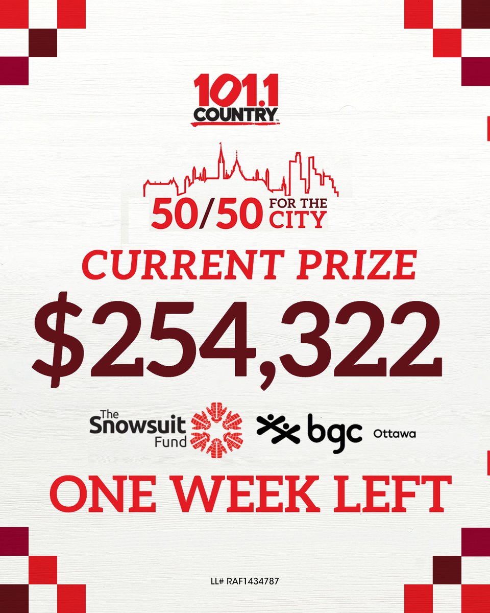🚨ONE WEEK LEFT !🚨

Current prize is OVER A QUARTER OF A MILLION DOLLARS and growing with every ticket sold! 😱

🔁 REPOST to let everyone know!

You could WIN BIG. 🎉

TICKETS: bit.ly/5050FTC

Proceeds support <a href="/SnowsuitFund/">The Snowsuit Fund</a> &amp; <a href="/bgcottawa/">BGC Ottawa</a>
#ottawa #raffle #support #winbig