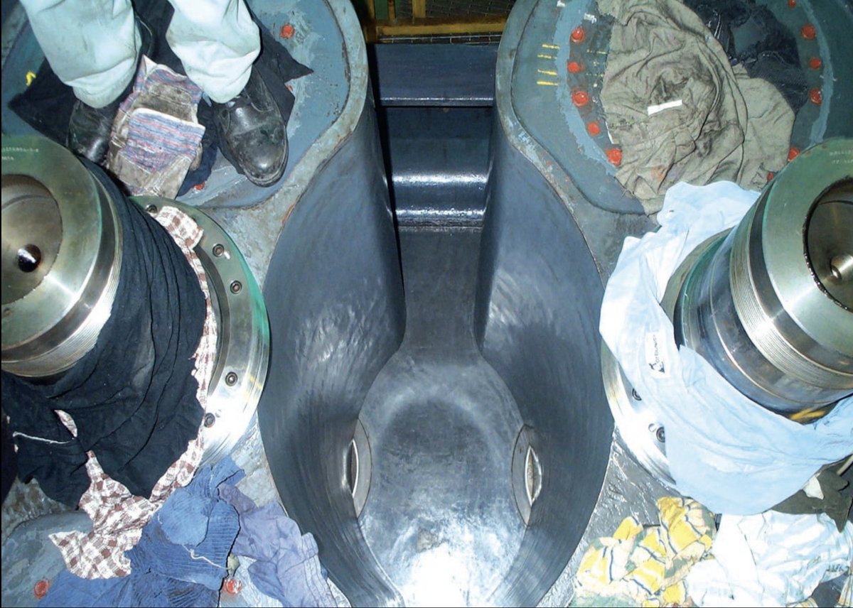 USIgroups's tweet photo. There are two of these lobes in each Blower, and their combined weight is 3½ tons. Because of the extremely harsh working circumstances, it had suffered significant erosion, corrosion, and abrasion. The twin lobes' profile was being altered by this persistent onslaught https://t.co/K0ripzCzJr