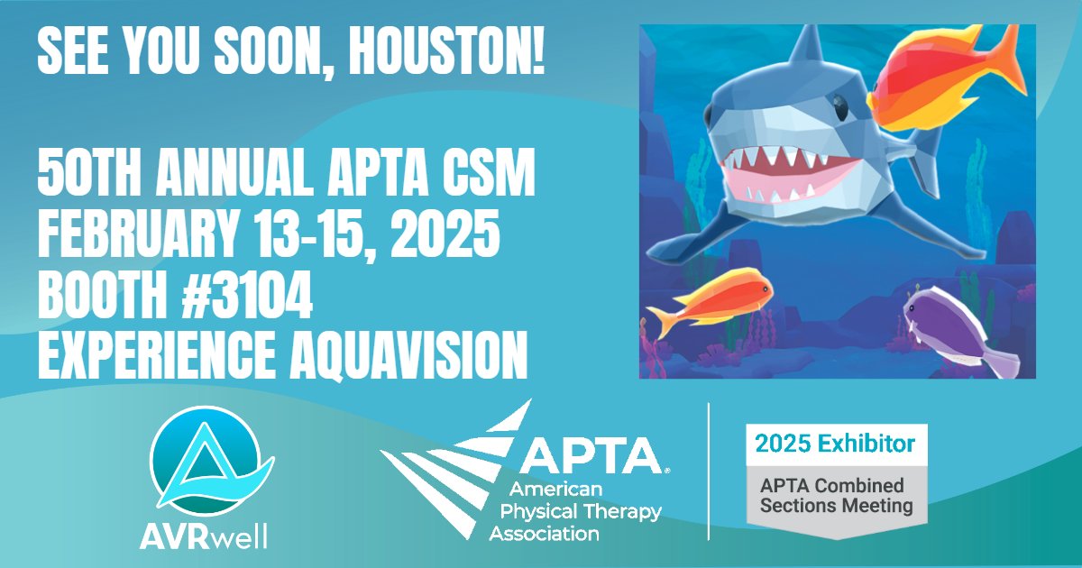 Exciting times ahead as AVRwell prepares for the 50th Annual APTA CSM! See you there!
Join us at  for a live demo at Booth #3104 and see how AquaVision, launching in February 2025, can revolutionize the Oculomotor Training experience for your patients.
<a href="/APTANeuroPT/">APTAAcademyofNeuroPT</a> #CSM2025 #APTA
