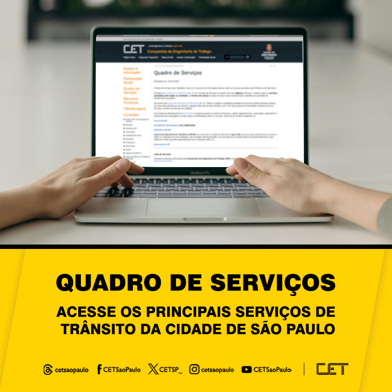 CETSP_'s tweet photo. Tenha acesso às informações sobre os diversos serviços de trânsito oferecidos
pela Prefeitura de São Paulo no Quadro de Serviços, disponível no site da CET.
Saiba mais: https://t.co/TudkHbfZZ6
#CETSP #PrefSP #Trânsito #Serviços #SP156 https://t.co/GLJWFEJ2t5