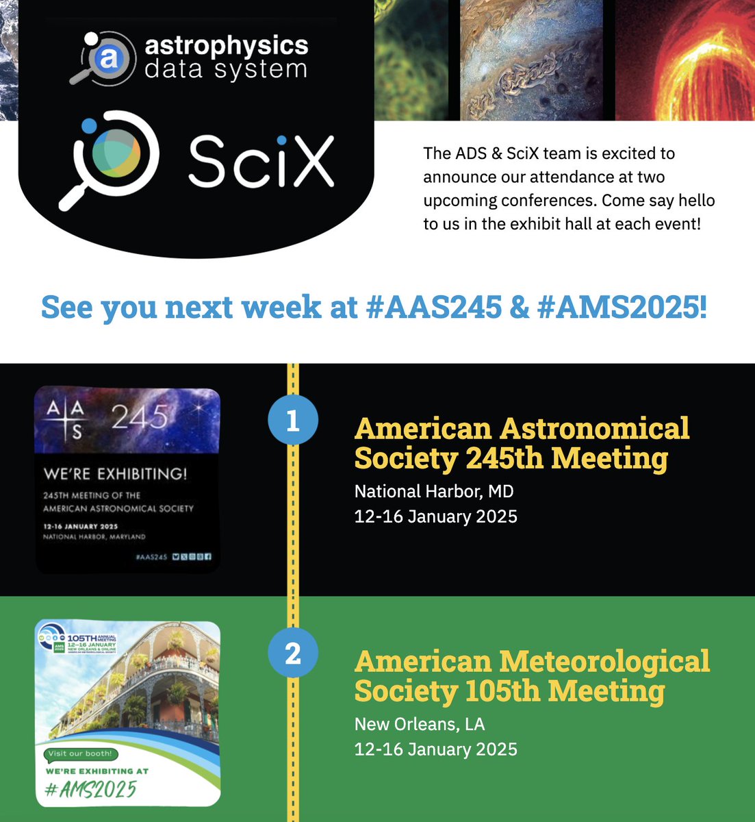 SAO/NASA Astrophysics Data System (ADS) (@adsabs) on Twitter photo The <a href="/SciXCommunity/">SciXCommunity</a> team is attending the annual meetings of BOTH the <a href="/ametsoc/">American Meteorological Society</a> and <a href="/AAS_Office/">American Astronomical Society (AAS)</a> next week. Come visit us in the exhibit halls to learn more about the Astrophysics Data System and the Science Explorer (SciX) expansion. #AAS245 #AMS2025 The <a href="/SciXCommunity/">SciXCommunity</a> team is attending the annual meetings of BOTH the <a href="/ametsoc/">American Meteorological Society</a> and <a href="/AAS_Office/">American Astronomical Society (AAS)</a> next week. Come visit us in the exhibit halls to learn more about the Astrophysics Data System and the Science Explorer (SciX) expansion. #AAS245 #AMS2025