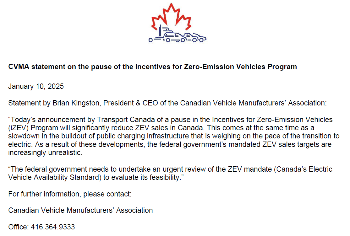 cvma_ca's tweet image. Statement by Brian Kingston, President &amp;amp; CEO of the Canadian Vehicle Manufacturers’ Association, on the pause of the Incentives for Zero-Emission Vehicles Program: