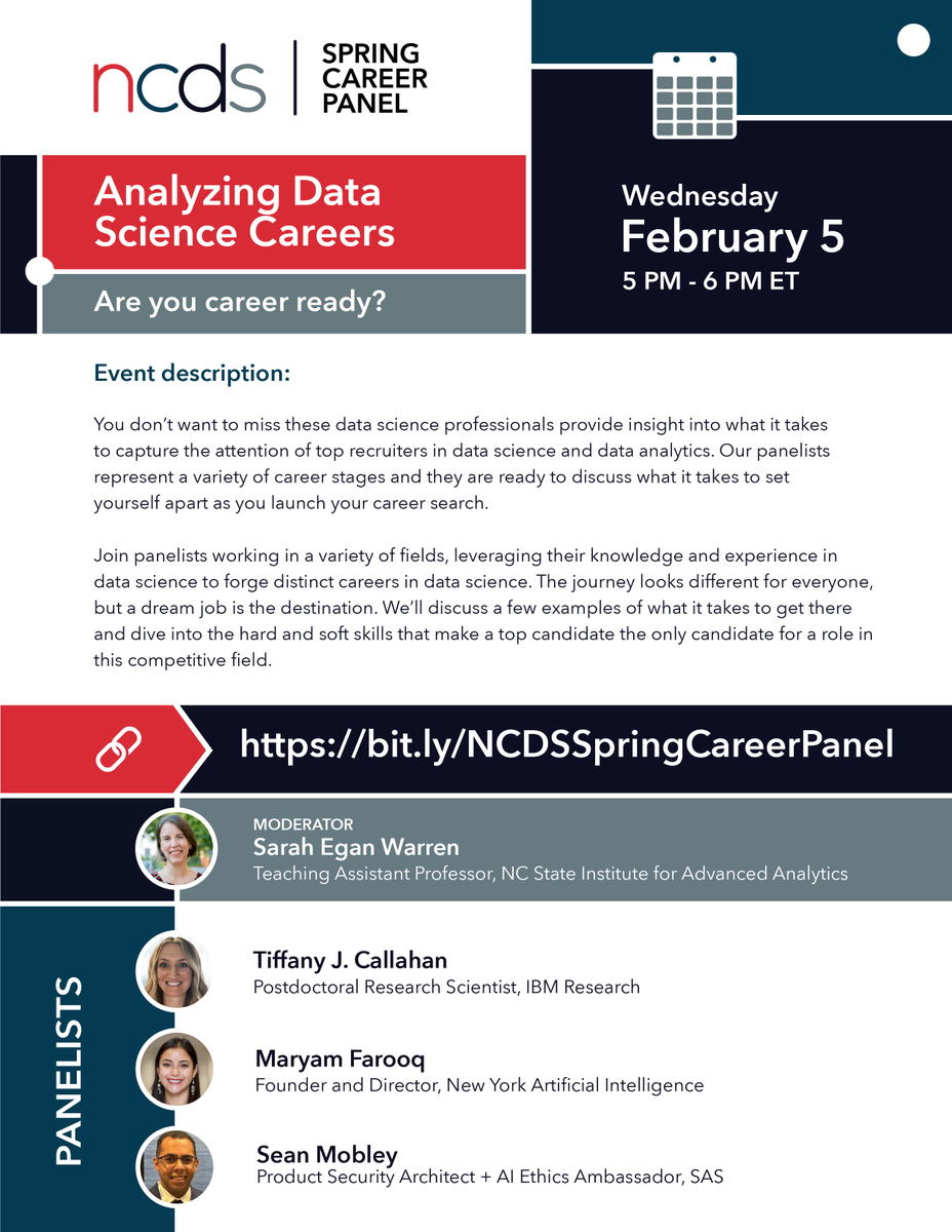 TheNCDS's tweet photo. Registration is open for #TheNCDS spring career panel! You won’t want to miss these #datascience professionals providing insight on what it takes to capture the attention of top recruiters in #datascience + #dataanalytics. #datasciencecareers #networking

https://t.co/0rQSFkywLm https://t.co/8jUiTyZlhr