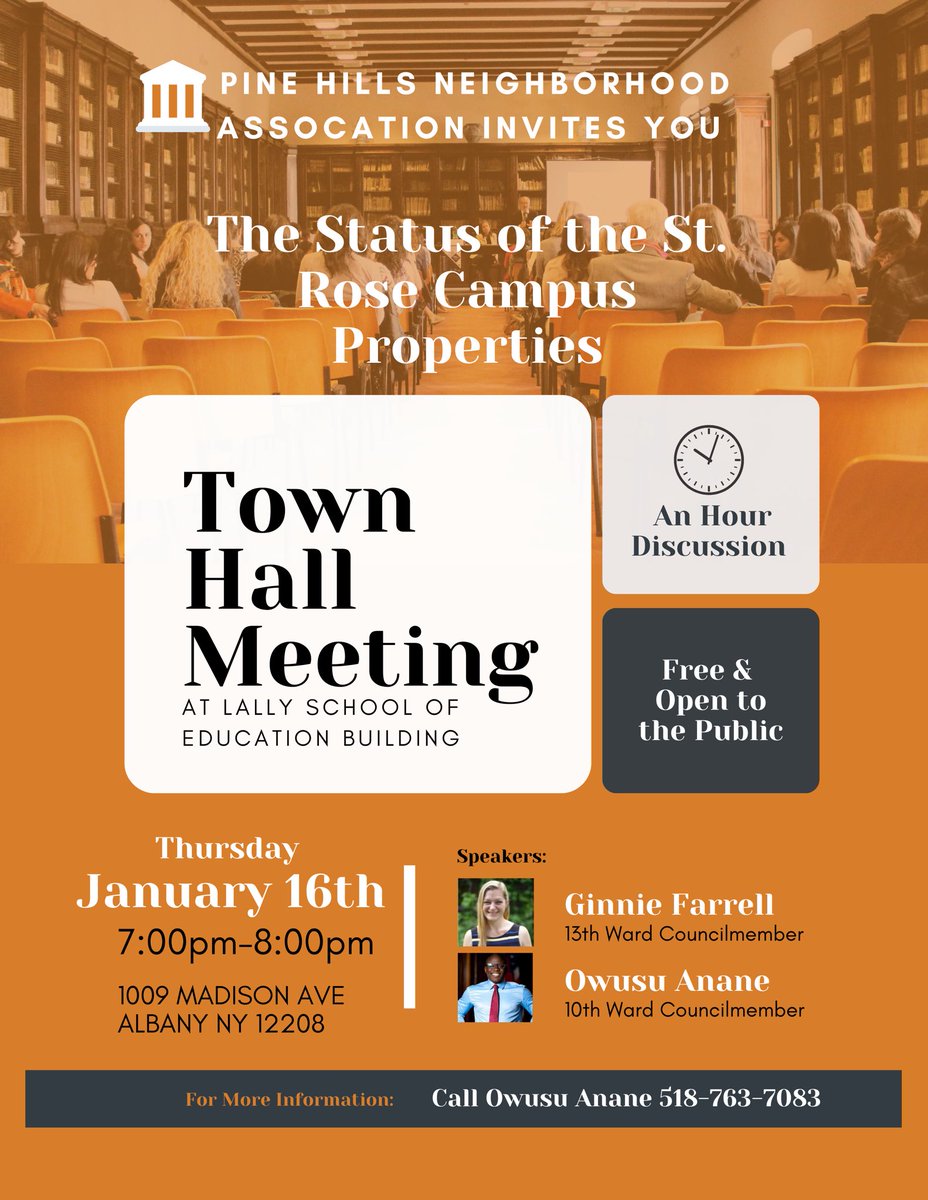 The January PHNA meeting &amp; Town Hall to discuss the status of the St. Rose Properties will take place on Thursday, January 16, 2025 at 7pm in the Lally School of Education Building at the College of St Rose Campus (1009 Madison Ave, Albany).