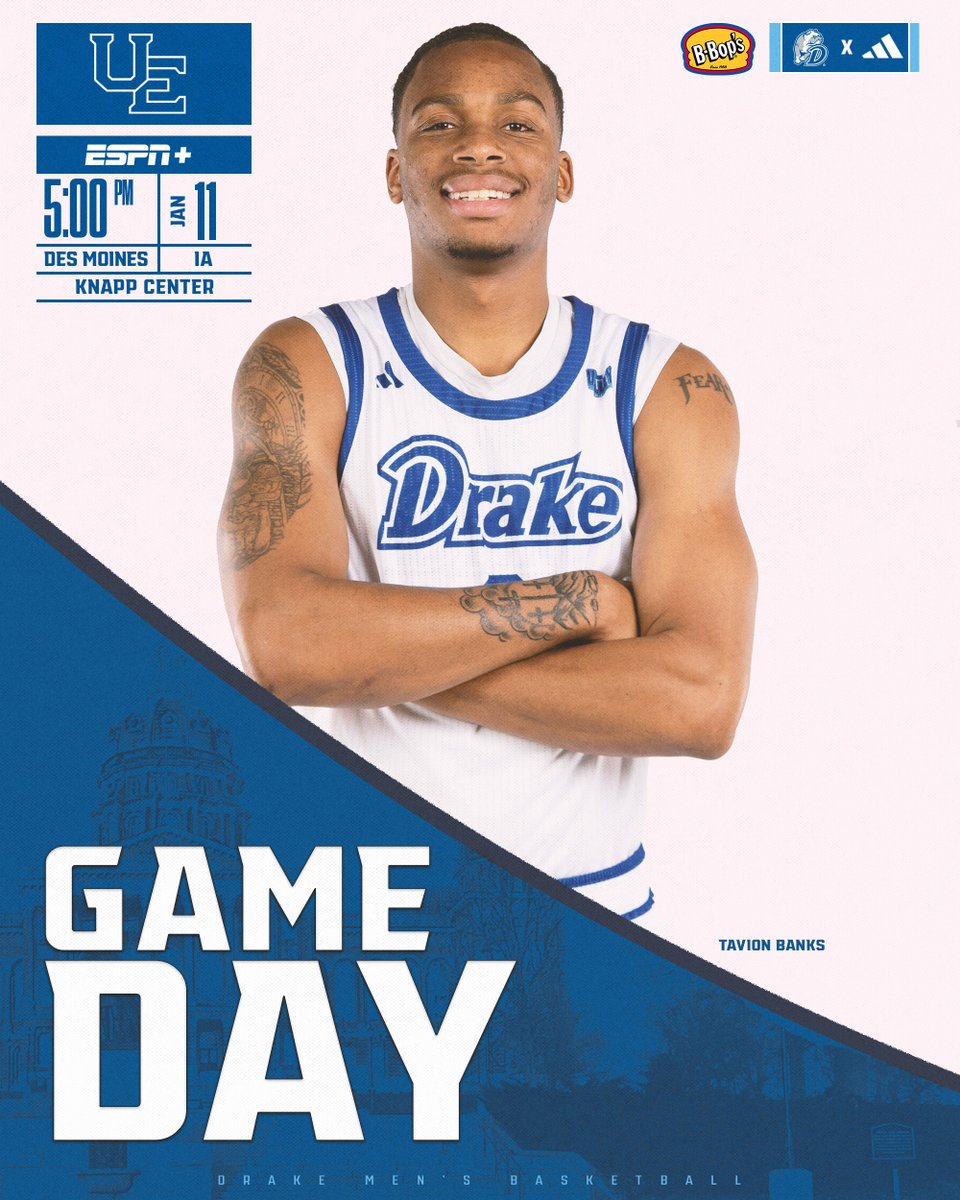 DrakeBulldogsMB's tweet photo. 𝐋𝐞𝐭'𝐬 𝐇𝐨𝐨𝐩

🆚 @UEAthletics_MBB 
⏰ 5 pm
🏟️ Knapp Center
📍 Des Moines, Iowa
📺 https://t.co/YuOTOHUQaU
📻 https://t.co/9UvUSY1aT7
📊 https://t.co/vpZEUCktQF

#CultureWins l #DSMHometownTeam l @bbopsburgers https://t.co/ECDbXXTFkQ