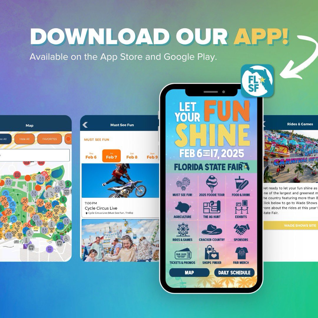 🎉 The 2025 Florida State Fair app is here! 🎡📱

Explore an interactive map, daily schedule &amp; more—plan your perfect day with ease! 🙌

Download now:
👉 iOS: ow.ly/xzJl50UEoWz
👉 Android: ow.ly/Ju8950UEoWx