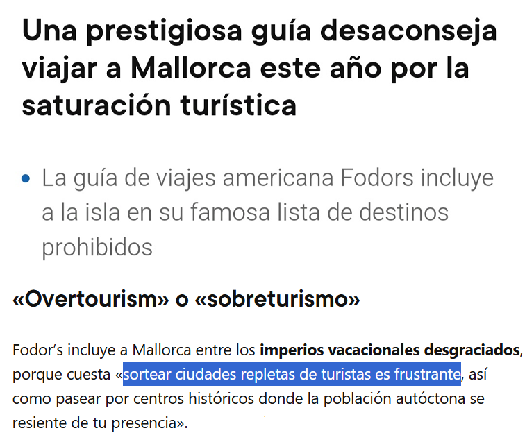 Turistes que se queixen de s'excés de turistes, promotors que encara volen que en vénguin més, i autòctons tractats d'extremistes per demanar un simple decreixement...

Gràcies model turístic per donar-mos sa millor lliga del món, almanco.