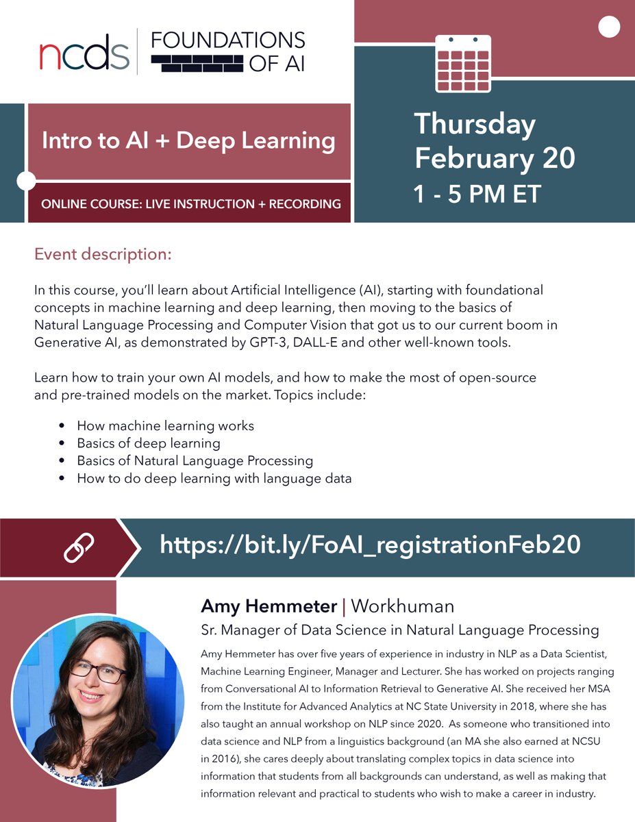 TheNCDS's tweet photo. #TheNCDS is excited to announce our first 2025 #FoundationsofAI course: Intro to #AI + #DeepLearning with Amy Hemmeter. The half-day course on February 20 will cover basics of #ML, #NLP, #GenerativeAI, #languagedata, and more. #datascience.

Register here: https://t.co/kjUGriDcMb https://t.co/CEQiGJOgWE