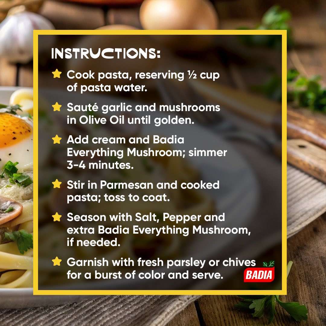 Transform your dinner into a gourmet experience with Badia #EverythingMushroom! This Creamy Mushroom Pasta is the ultimate #ComfortFood – rich, velvety and packed with earthy flavor.

🛒 Shop Badia Everything Mushroom: tinyurl.com/y7n9eeku

#BadiaSpices #SazonandoConBadia