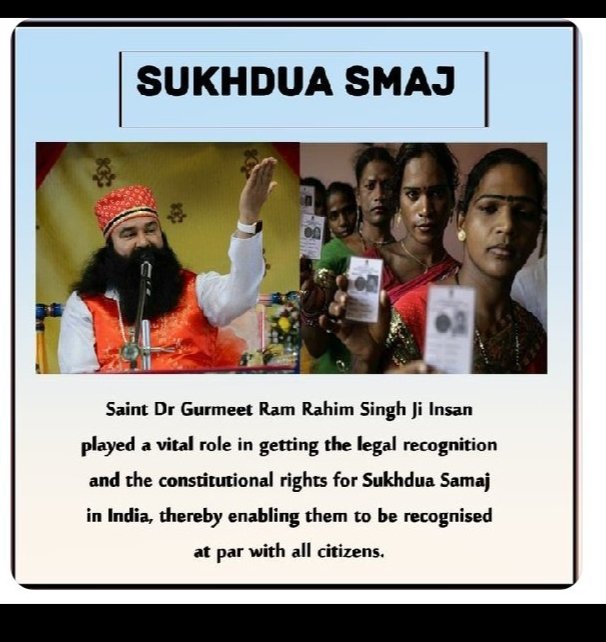 LabhdeepK's tweet photo. आज भी किन्नर समाज से भेदभाव किया जाता उन्हें सम्मानित नज़रों से नहीं देखा जाता है ,अलग-अलग नामों से पुकारा जाता हैं जैसे हिजड़ा, छक्का इत्यादि। Saint Dr MSG Insan ने इनकी परेशानियों को देखते हुए इनको नया नाम दिया -"सुख दुआ समाज"। जिसका अर्थ है जो #सबके_सुख_की_दुआ मांगते हैं। https://t.co/R4d390Lfol