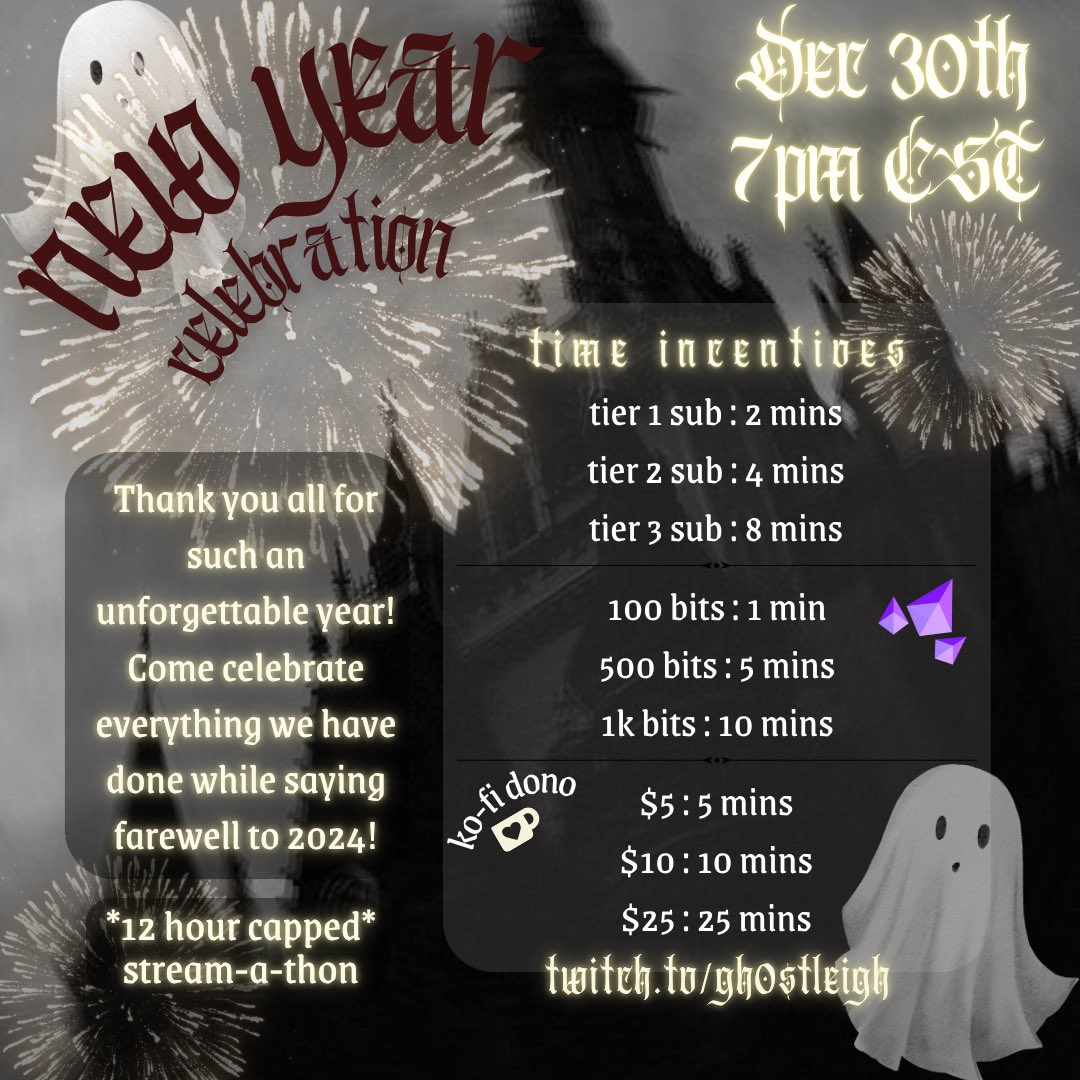 gh0stleigh's tweet image. ✨TOMORROW!✨ join me for my last stream of the year bringing in the new year with friends, games, giveaways, and more! 7pm CST ttv/gh0stleigh 👻