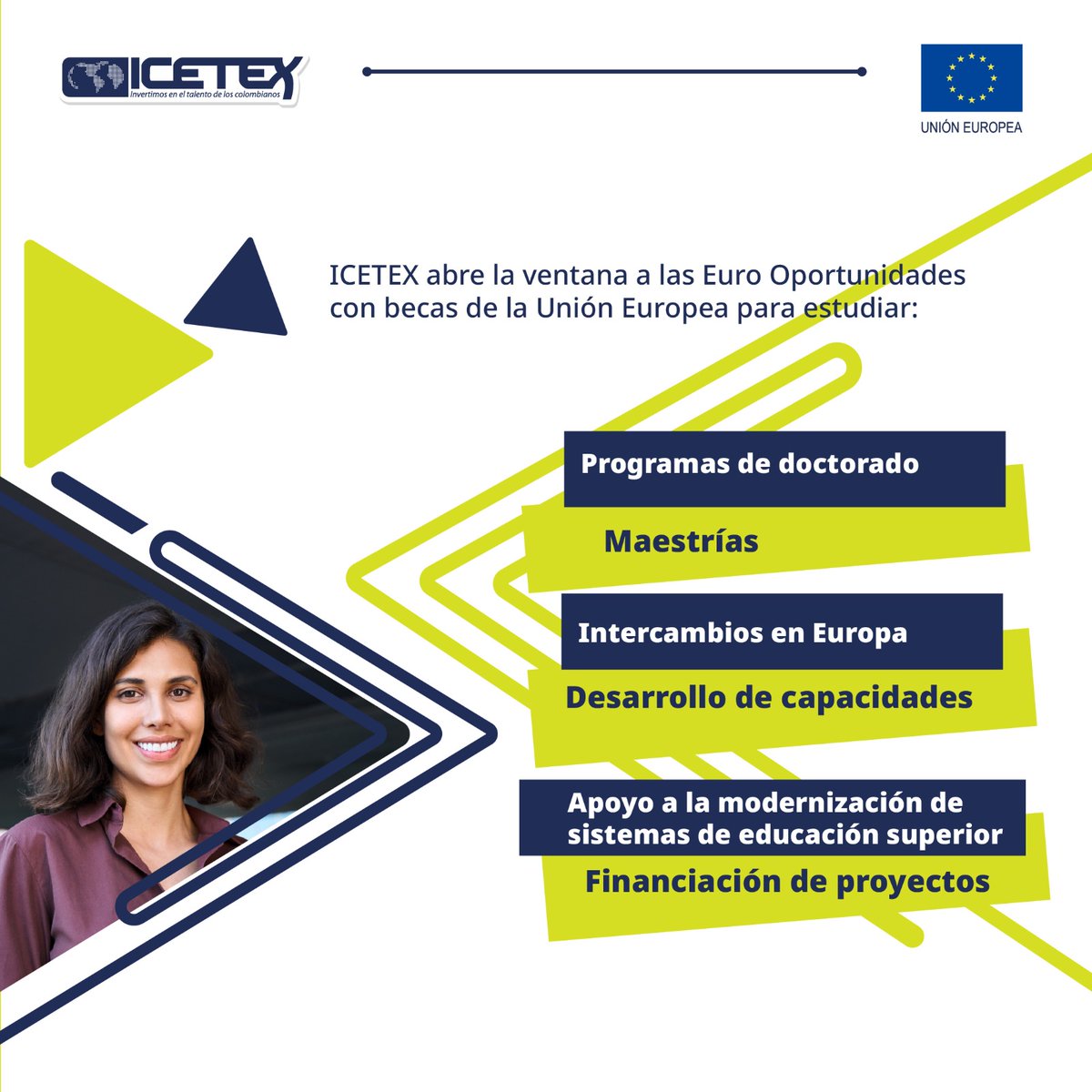 Entre las oportunidades que ofrece <a href="/EUErasmusPlus/">Erasmus+</a>, se destacan las maestrías financiadas con becas completas de la <a href="/UEenColombia/">Unión Europea en Colombia 🇪🇺</a>, la posibilidad de realizar intercambios en Europa, la financiación de proyectos, entre otros. #EurOportunidades🌍 ➡️ acortar.link/A4gZUg