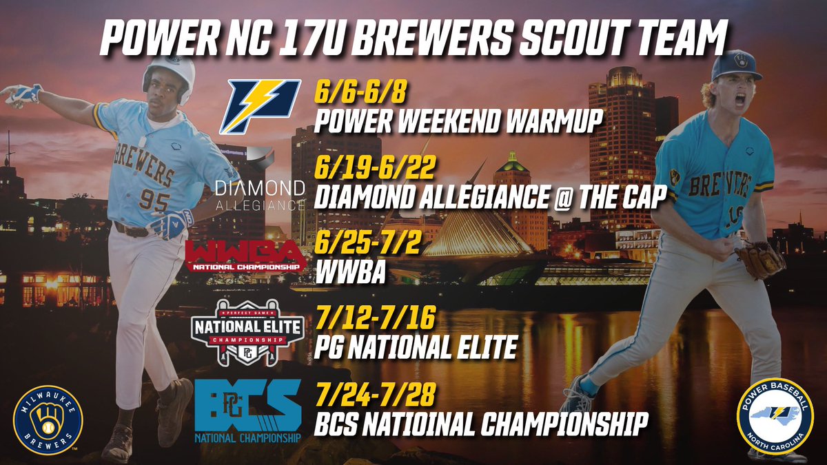 The Power NC 17u Marucci/Brewers Scout summer schedule has been announced. 
#PowerUp⚡️ #ThisIsMyCrew