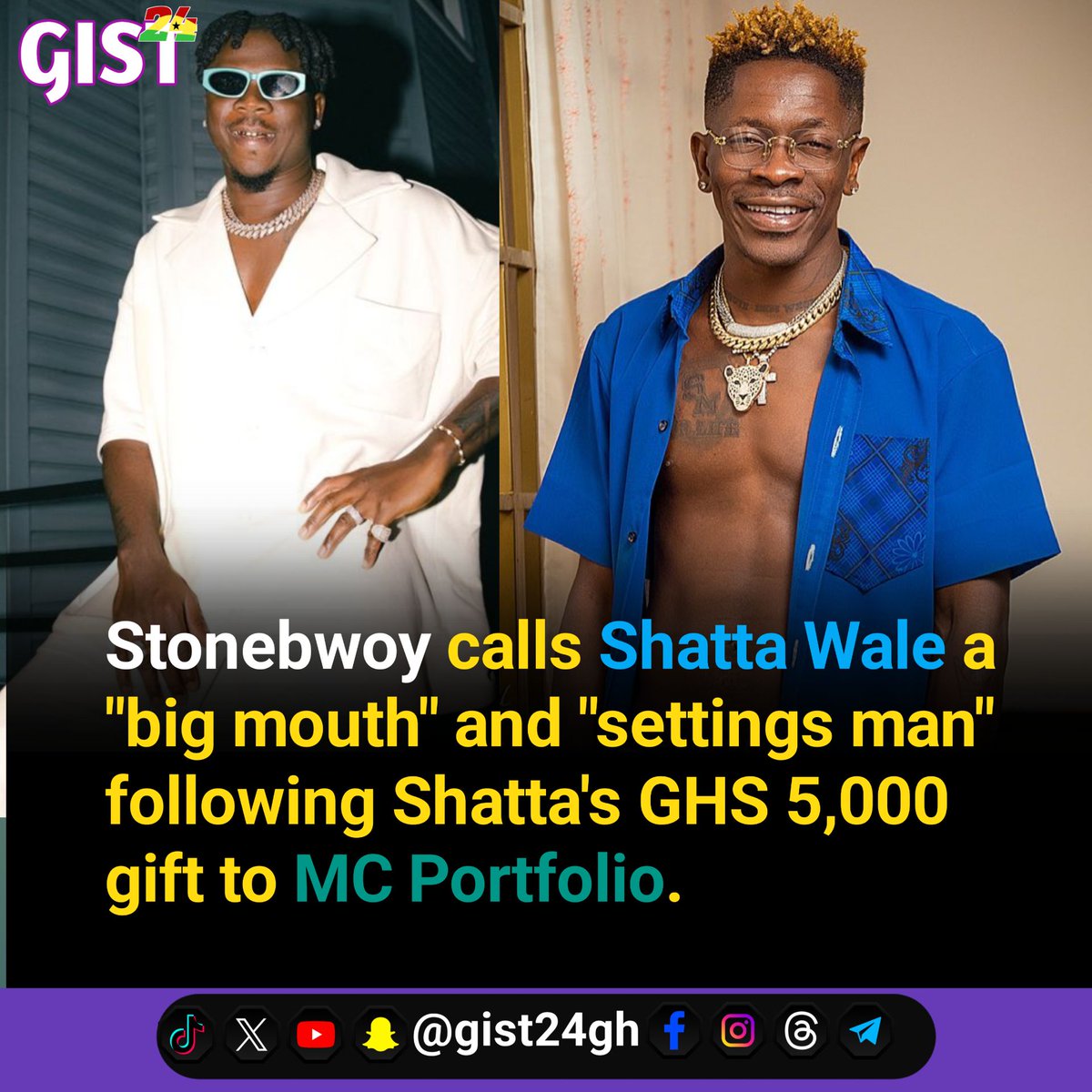 Stonebwoy calls Shatta Wale a "big mouth" and "settings man" following Shatta's GHS 5,000 gift to MC Portfolio. The rivalry continues... bit.ly/3BREn0N

#Stonebwoy #ShattaWale #GhanaianMusic