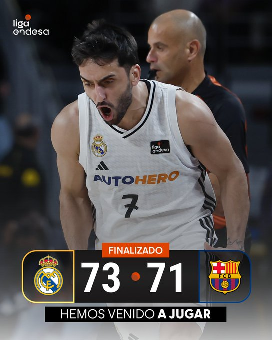 sociorealmadrid's tweet image. El Real Madrid se impone al Barça en el Clásico de la #NavidadACB.

7⃣3⃣ 
@RMBaloncesto
 
7⃣1⃣ 
@FCBbasket

#LigaEndesa | #ConectaConTuPasion