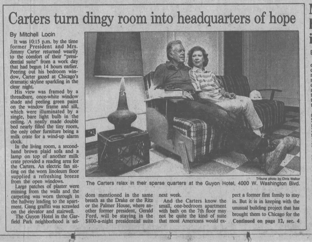Former President Jimmy Carter and his wife, Rosalynn, marked their 40th wedding anniversary in a spartan space furnished with a second-hand sofa and an electric fan at the old Hotel Guyon while working with Habitat for Humanity on the west side of Chicago, Trib reported 7/11/1986