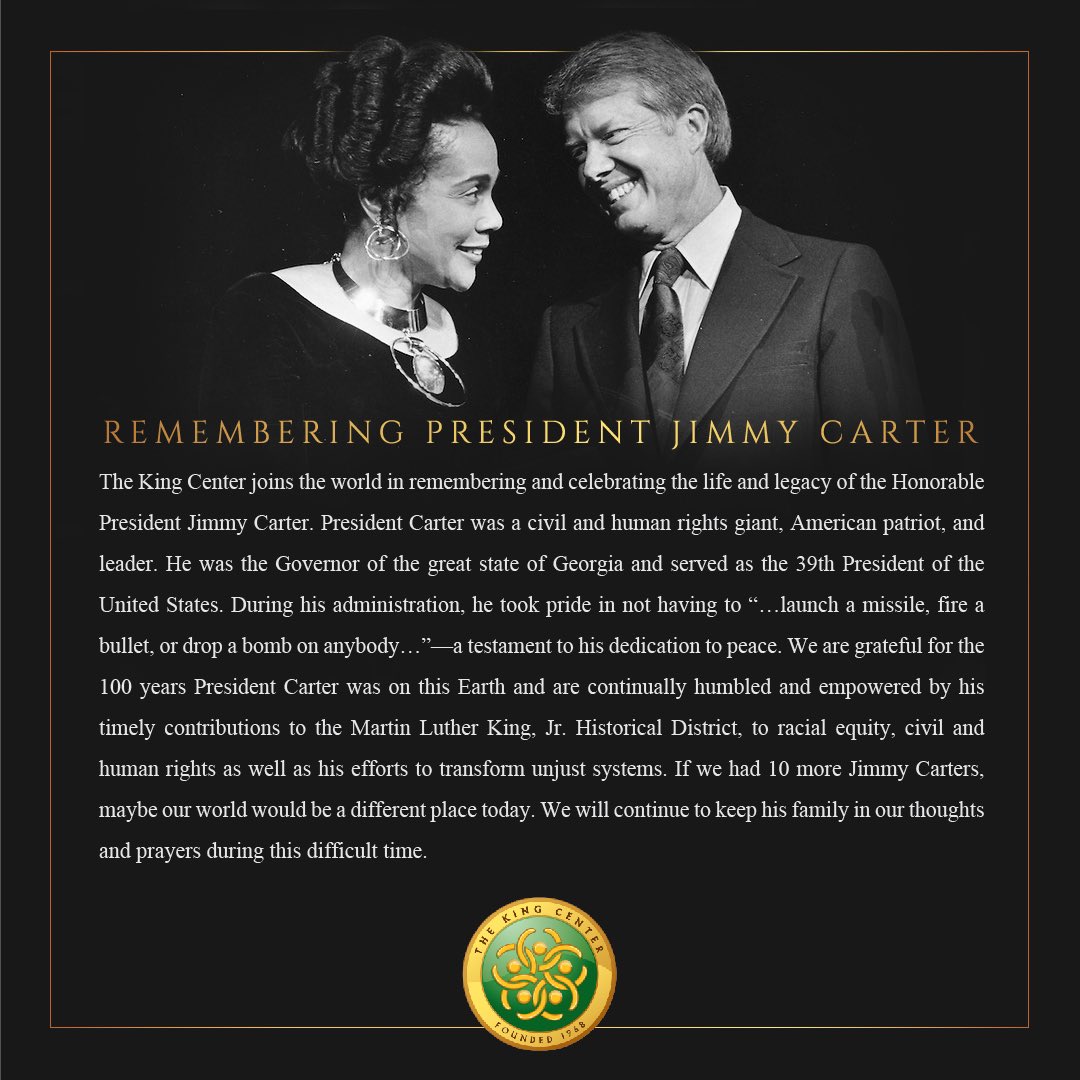 TheKingCenter's tweet image. REMEMBERING PRESIDENT JIMMY CARTER

The King Center joins the world in remembering and celebrating the life and legacy of the Honorable President Jimmy Carter. President Carter was a civil and human rights giant, American patriot, and leader. He was the Governor of the great…