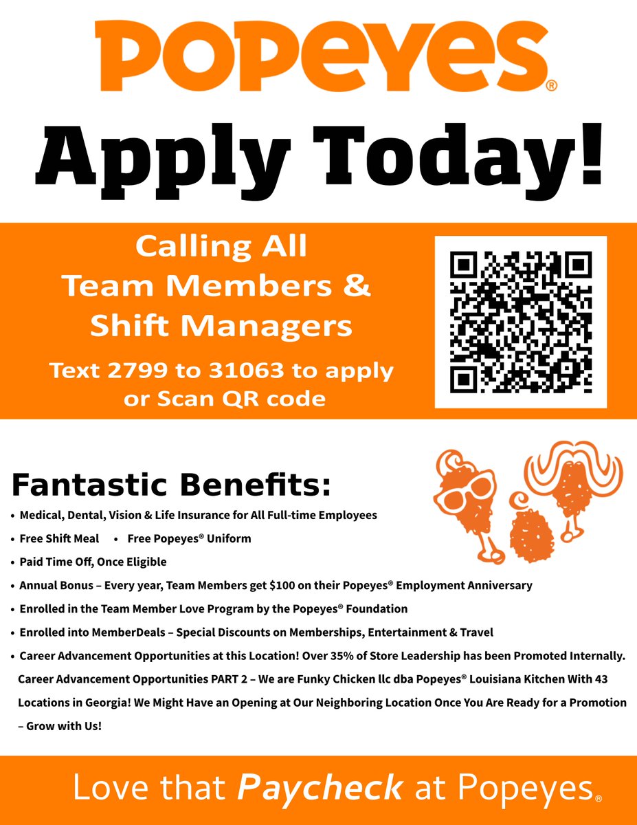 FunkyChickenATL's tweet image. Shift Managers Needed! Join our Popeyes family as a Shift Manager and spice up your career! #Popeyes #FastFoodJobs #OpentoWork #ShiftManager #NowHiring #JoinOurTeam #JoinOurChickenSquad #CajunCareerOpporunity #Hiring #GeorgiaJobs #AtlantaJobs #AtlantaGA