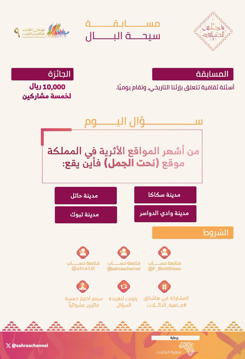 🟤 | ســؤال اليوم التاسع والعشرين
 في مسابقة #سيحة_البال ..

من أشهر المواقع الأثرية في المملكة موقع (نحت الجمل) فأين يقع:
1.⁠ ⁠مدينة سكاكا
2.⁠ ⁠مدينة حائل
3.⁠ ⁠مدينة وادي الدواسر 
4.⁠ ⁠مدينة تبوك

🔺الجوائــز:
الأول: الفين ريال 💸
الثاني: الفين ريال 💸
الثالث: الفين ريال