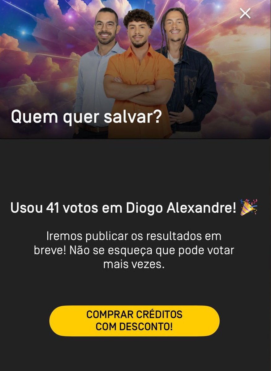 Votar só no Diogo pessoal. O Gonçalo tem os apoiantes da Margarida,o Maycon tem os apoiantes da Renata. Focar só no Diogo ✨👑
761 20 20 05 liguem ou votem na APP. 
#sstvi
