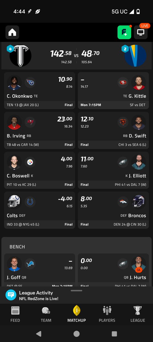 <a href="/NFLFantasy/">NFL Fantasy Football</a> Currently Up by 93 points. Had good day from Nabors and Taylor. Colts defense gave me -4 points 😔 but just got to survive Purdy, Achane, Kittle, and St. Brown. #FantasyChampionship