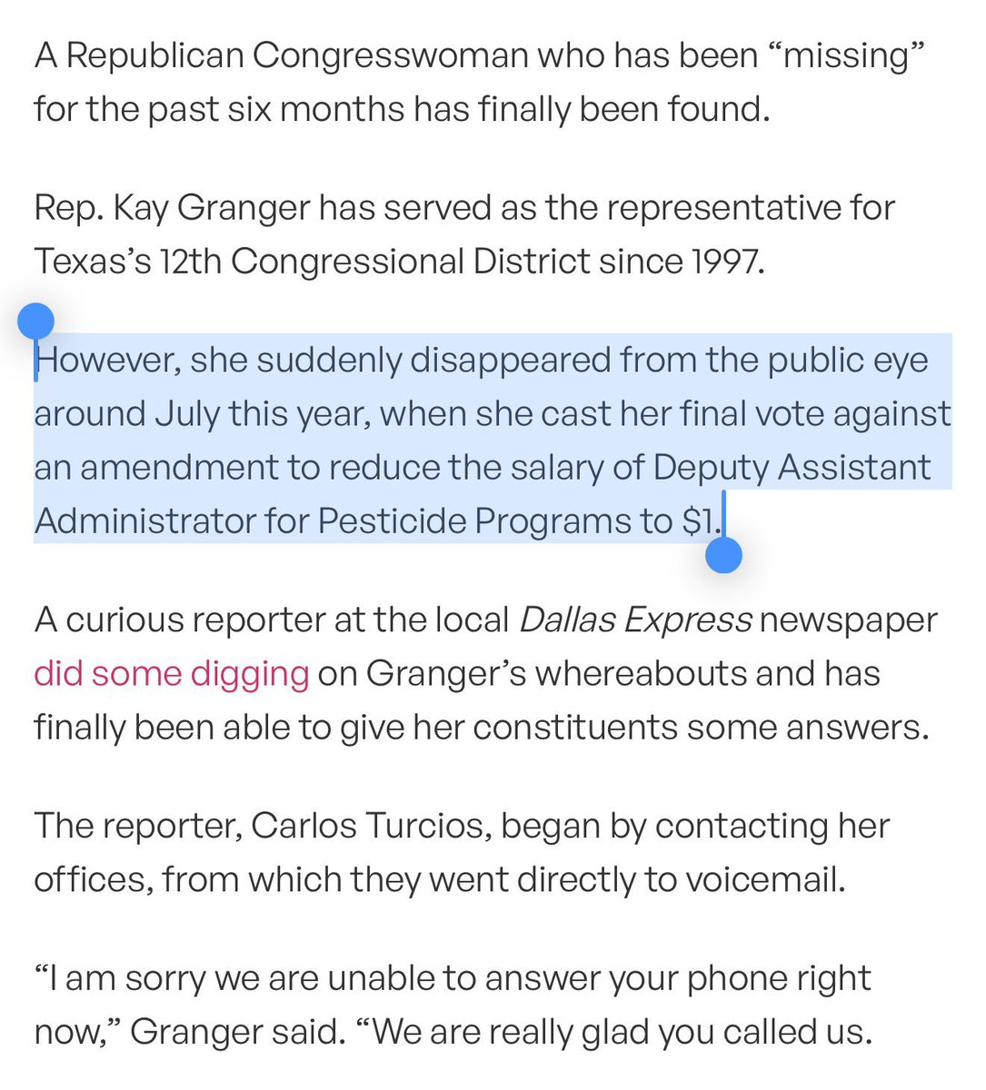 TimRunsHisMouth's tweet photo. Everyone from family, friends and staff covered up for the fact that Kay Granger was in a dementia care home so they could keep cashing in on her.

They should ALL be under investigation.

Also, why don’t any other member of Congress say anything about this???

Everyone should be furious about this.