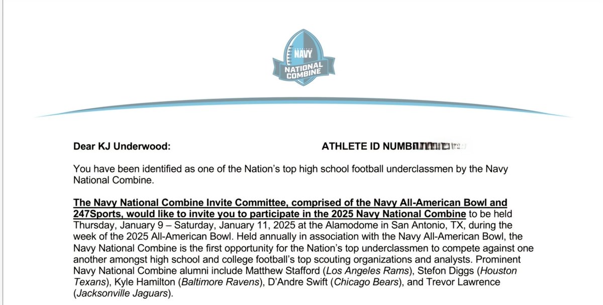 KJ UNDERWOOD (@underwoodkj1) on Twitter photo Honored to be invited to the <a href="/NationalComb1ne/">Navy National Combine</a> looking forward to showcasing my talents alongside the best in the country.
<a href="/BusbyRichie/">RichieBusby</a> <a href="/Coach_NMalantis/">Nick Malantis</a> <a href="/football_helena/">HelenaHSFootball</a> <a href="/HelenaHSSports/">Helena Husky Sports</a> <a href="/Recruit_Helena/">Helena HS (AL) Recruiting</a> <a href="/247Sports/">247Sports</a> <a href="/AABonNBC/">Navy All-American Bowl</a> <a href="/NBCSports/">NBC Sports</a> <a href="/txfblife/">Texas Football Life</a> <a href="/ZybekSports/">Zybek Sports</a> <a href="/FrankPacoRojas1/">Frank (Paco) Rojas</a> Honored to be invited to the <a href="/NationalComb1ne/">Navy National Combine</a> looking forward to showcasing my talents alongside the best in the country.
<a href="/BusbyRichie/">RichieBusby</a> <a href="/Coach_NMalantis/">Nick Malantis</a> <a href="/football_helena/">HelenaHSFootball</a> <a href="/HelenaHSSports/">Helena Husky Sports</a> <a href="/Recruit_Helena/">Helena HS (AL) Recruiting</a> <a href="/247Sports/">247Sports</a> <a href="/AABonNBC/">Navy All-American Bowl</a> <a href="/NBCSports/">NBC Sports</a> <a href="/txfblife/">Texas Football Life</a> <a href="/ZybekSports/">Zybek Sports</a> <a href="/FrankPacoRojas1/">Frank (Paco) Rojas</a>