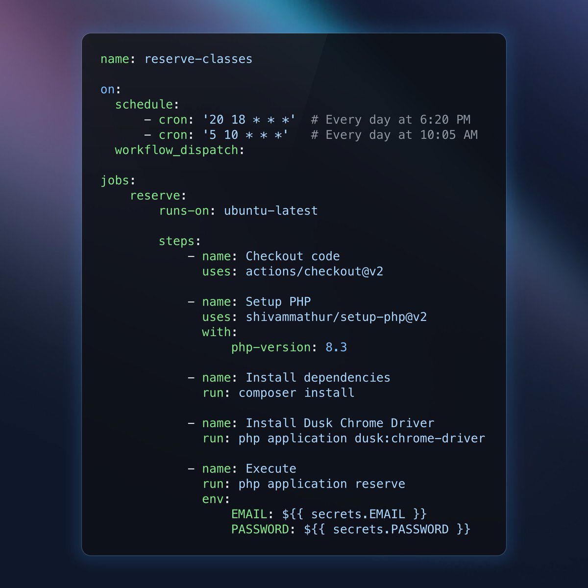 heystevebauman's tweet image. And here's the GitHub workflow that runs on a schedule when their system makes the reservations available