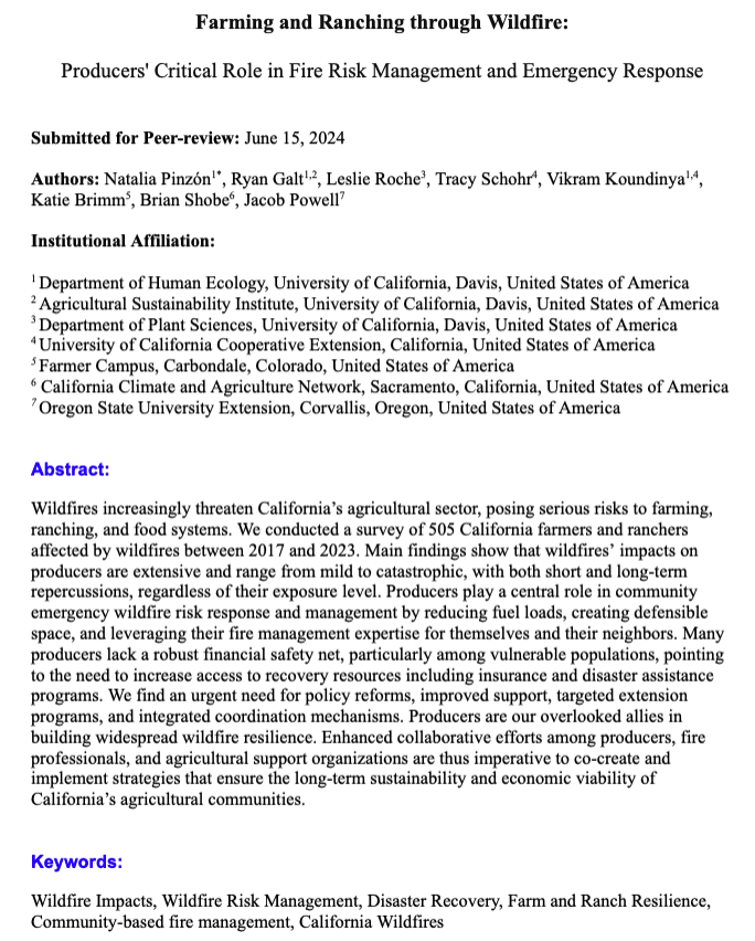 New paper in CalAg Journal. A survey of 505 California producers found that they play a central role in community wildfire risk management. The findings have implications for policy reforms &amp; targeted extension programming. Preprint lnkd.in/g8uBwRz4. <a href="/ucanr/">Ag&Natural Resources</a> <a href="/ucdavisCAES/">CA&ES, UC Davis</a>