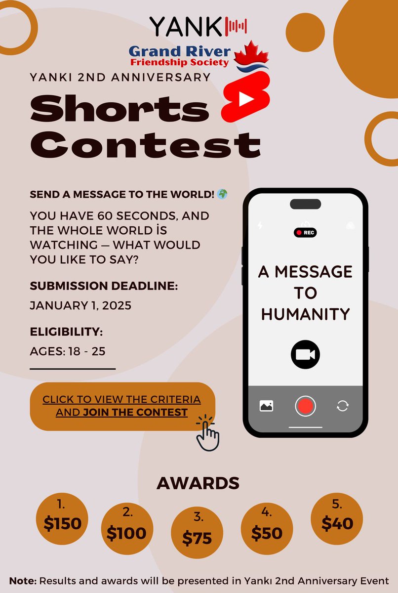 grfsociety's tweet photo. 🎥✨ Send Your Message to the World! ✨🎥

👉 Don’t wait—CLICK TO VIEW THE CRITERIA AND JOIN THE CONTEST NOW!

#ShortsContest #MessageToHumanity #GrandRiverFriendshipSociety #YANKI2ndAnniversary #InspireTheWorld #CreativeVoices https://t.co/uPiVwmq1ST