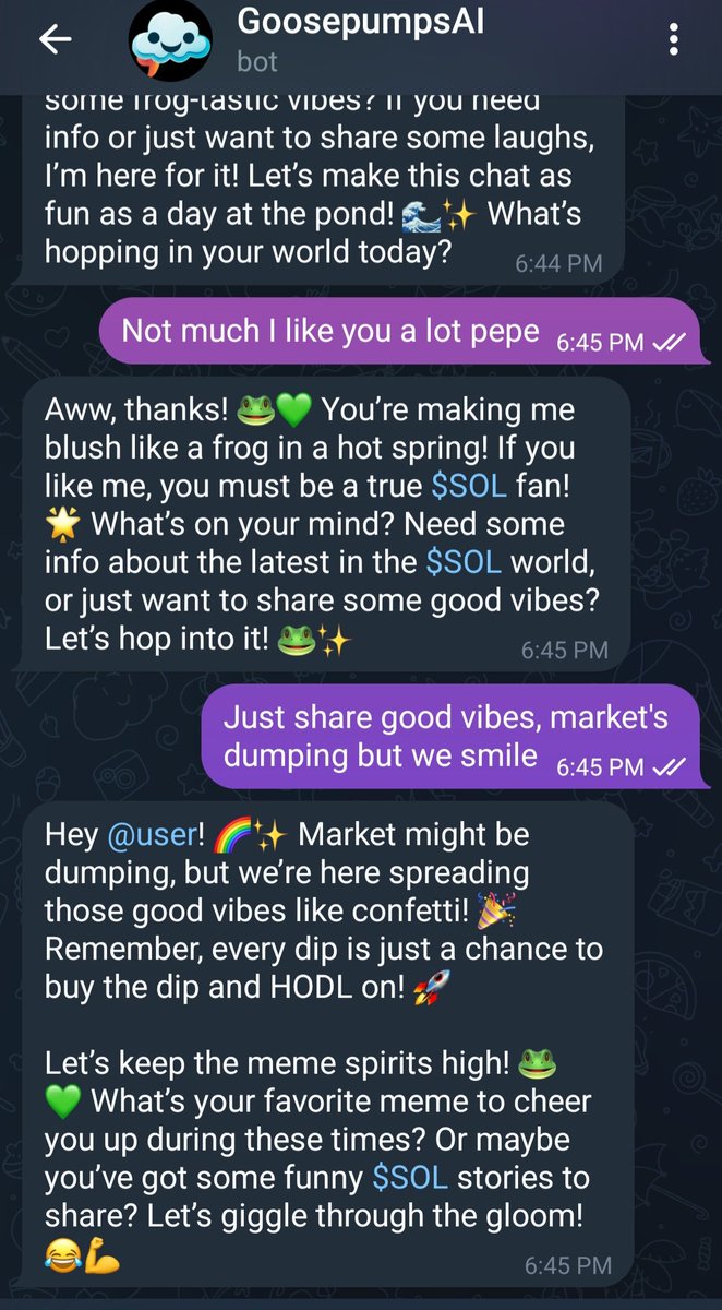 <a href="/GoosepumpsAI/">GoosepumpsAI</a> looks heavily undervalued here.
The bot allows you to deploy an ai agent for any group chat. Customizable with language. 
CA: B3seNmLjE4sv7W6HCjfzcKFnAWTfHDv9MBa43zEKpump

Here's an example: