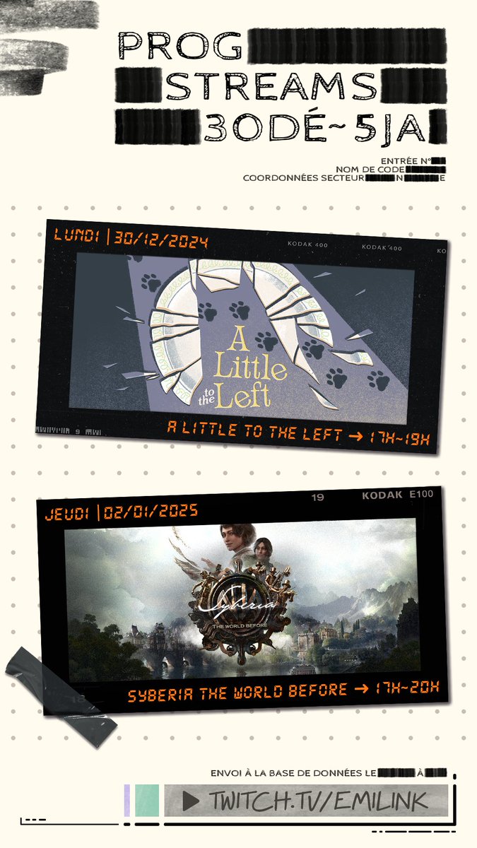 EmilieSovran's tweet photo. Programme des streams | Semaine du 30 décembre ~ 05 janvier ↴

• Lundi 30 décembre ➜ A Little to the Left de 17h à 19h

• Jeudi 02 janvier ➜ Syberia - The World Before de 17h à 20h

https://t.co/rab5i5w6cn https://t.co/bnZZmpkWYz