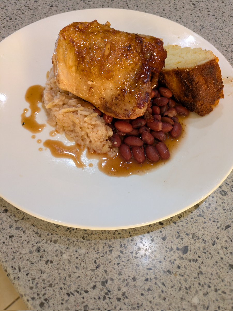 Rum glazed chicken over red beans and rice, and sweet sweet cornbreaaaaaaaaaad!!!