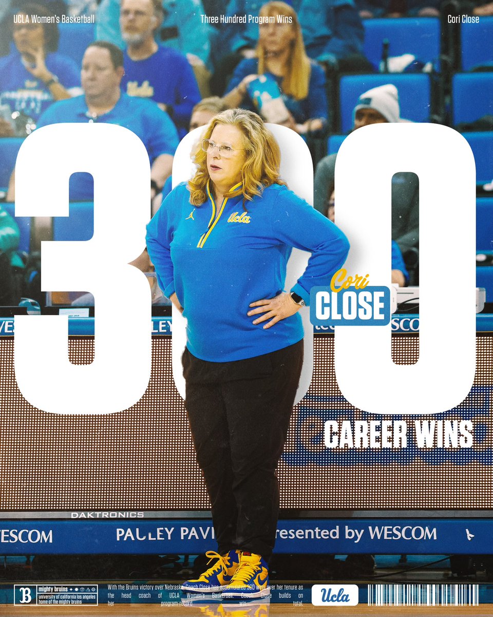 With today’s victory, <a href="/CoachCoriClose/">Cori Close</a> becomes the first UCLA Women’s Basketball head coach with 300-career wins! 😤

#GoBruins