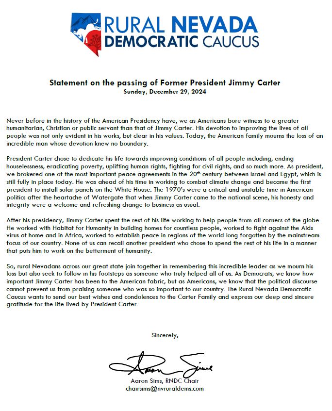 NVRuralDems's tweet photo. The Rural Nevada Democratic Caucus mourns the loss of and remembers Former President Jimmy Carter. https://t.co/qcef1HVxsV