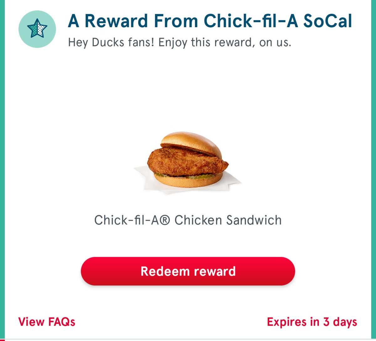 thirstyforfun's tweet photo. 🚨Southern California Hockey Fans!
Get a FREE Chick-fil-A Chicken Sandwich! Thanks to the @AnaheimDucks scoring 5 goals at home! Open the Chick-fil-A app to claim your reward. @nhl @ChickfilA
#FreeChickfilA #AnaheimDucks #LetsGoDucks #Hockey #freefood #SouthernCalifornia #TreatYourself