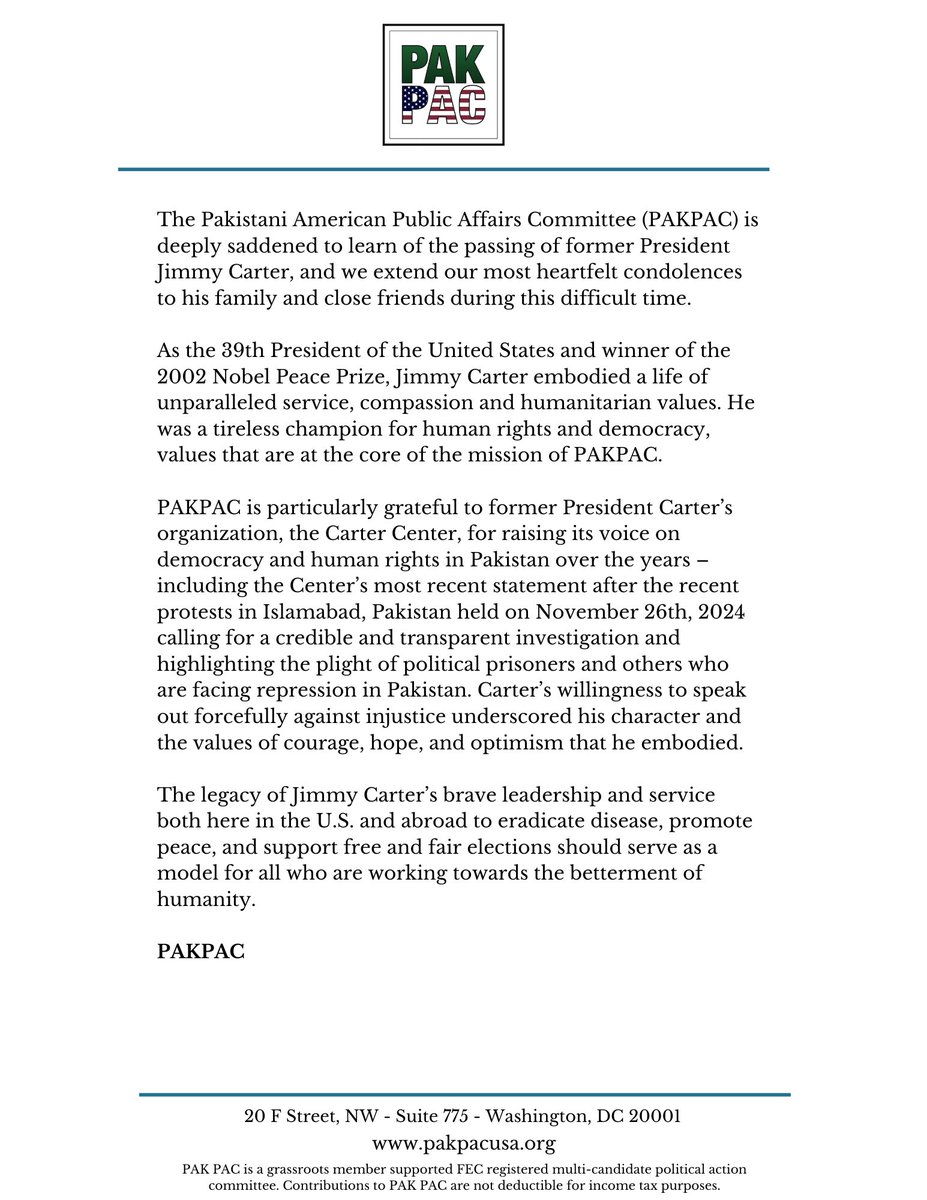 PAKPAC's statement on the death of former President Jimmy Carter