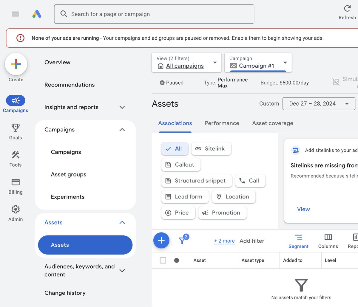 415x's tweet photo. You would think you could find your "Assets" maybe under "Assets > Assets" menu, right? Silly you, of course not. Your Assets are actually under Campaigns>Asset groups 😂 Are @Google engineers in charge of this UX design? https://t.co/ZBgQdTrBsB