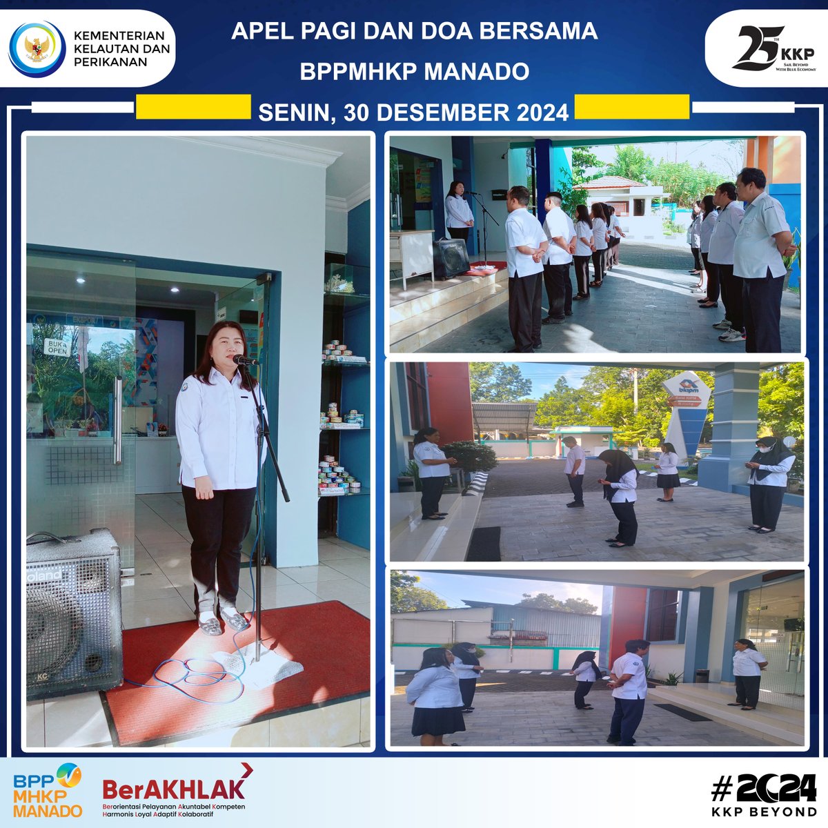 Manado, 30/12/2024.
Halo #SahabatBahari , BPPMHKP MANADO pada hari ini telah melaksanakan kegiatan apel pagi yang dipimpin oleh Kasubag Umum BPPMHKP MANADO.
Disampaikan juga terkait evaluasi kegiatan yang sementara berjalan agar kiranya dapat segera melakukan tindakan perbaikan.