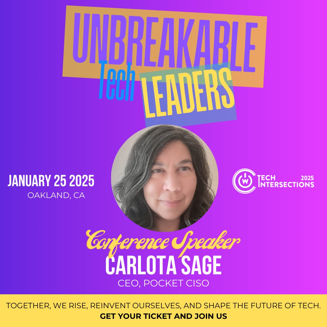IdalinBobe's tweet image. Are you a startup founder? Carlota Sage will teach you how to secure your business with proven strategies. Attend #TechIntersections on Saturday, Jan 25, at #MillsCollege in #Oakland.
🎟️ Register today: bit.ly/2025techinters…
#WomenInTech #WOCinTech