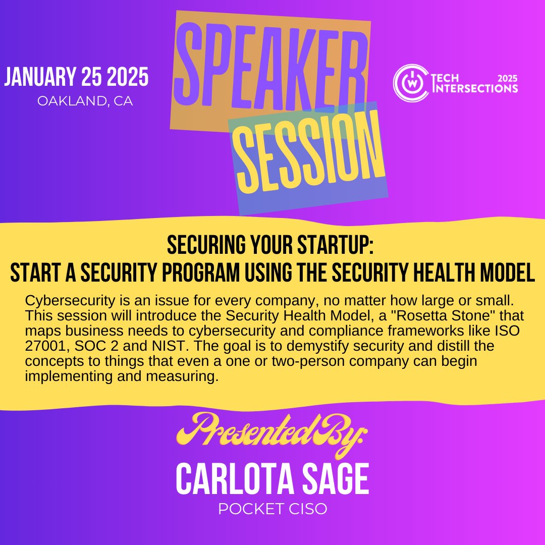 IdalinBobe's tweet image. Are you a startup founder? Carlota Sage will teach you how to secure your business with proven strategies. Attend #TechIntersections on Saturday, Jan 25, at #MillsCollege in #Oakland.
🎟️ Register today: bit.ly/2025techinters…
#WomenInTech #WOCinTech