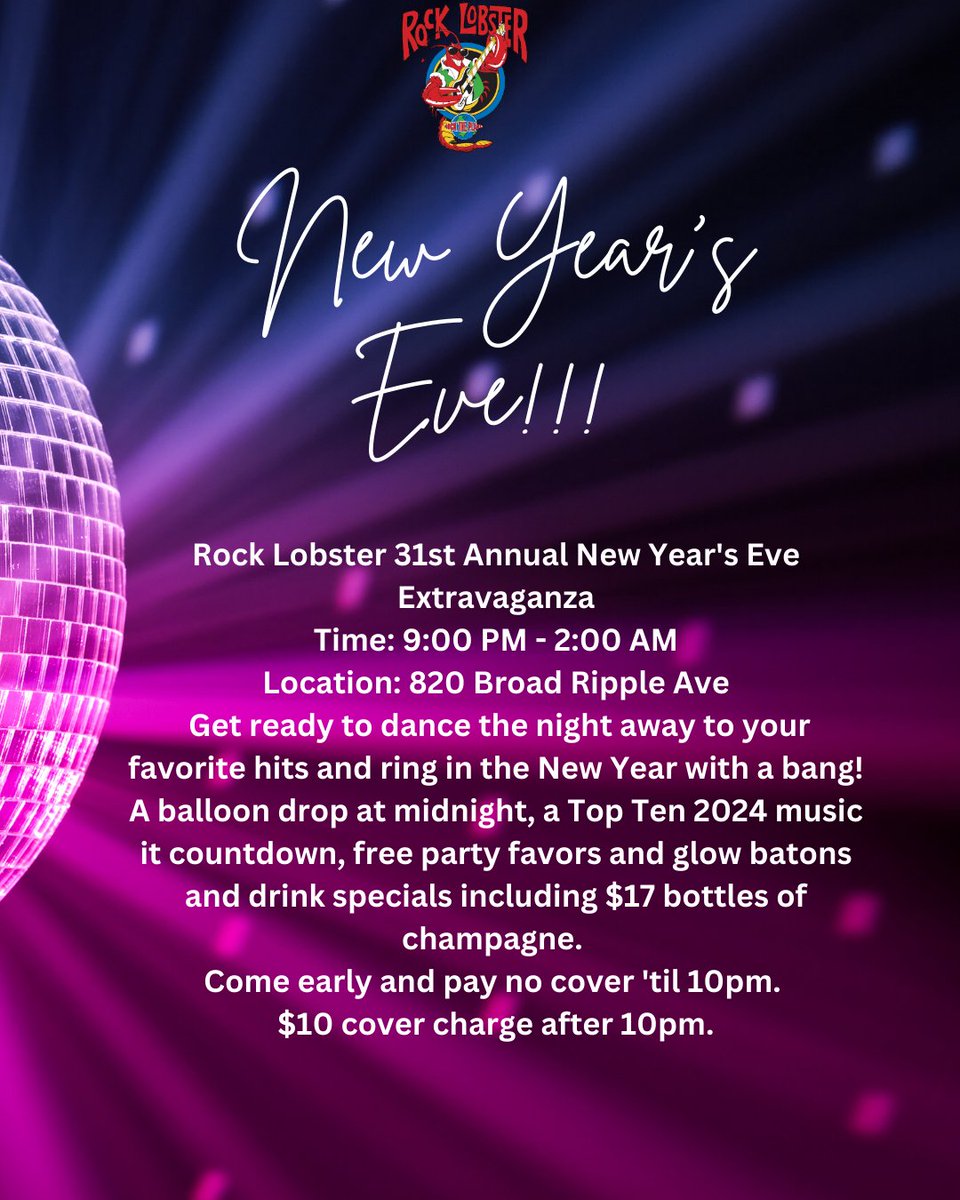 <a href="/RockLobsterIndy/">Rock Lobster</a> 
New Year's Eve Extravaganza 
No Cover Charge til 10 pm
