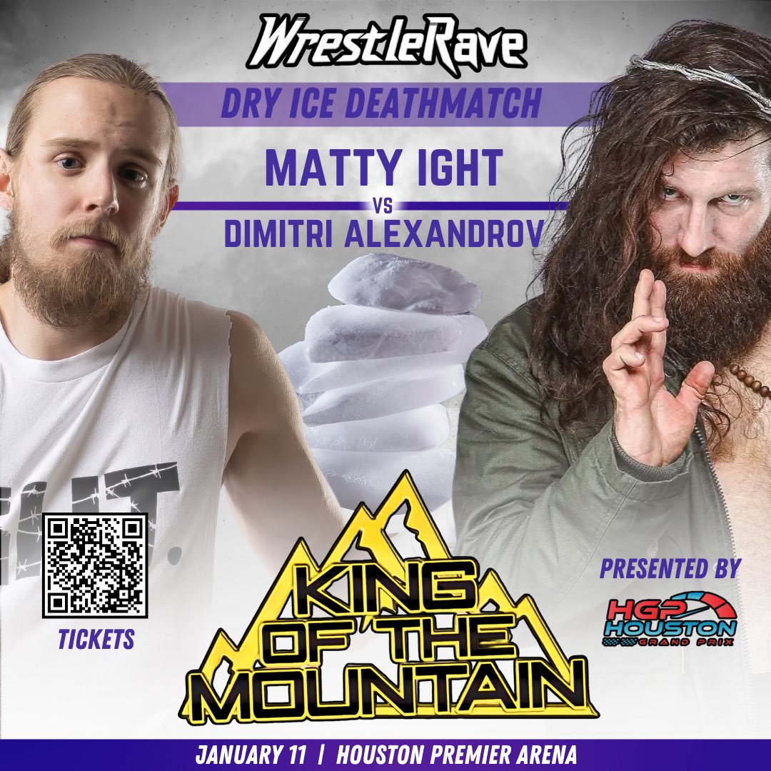 ‼️MATCH ANNOUNCEMENT‼️ 

DRY ICE DEATHMATCH for the WrestleRave Deathmatch Championship

Dimitri Alexandrov (c) v. Matty Ight 

1/11/25 - Houston Premier Arena

Save 25% off using code: HOLIDAY
Tix: ticketleap.events/tickets/wrestl…

Sponsored by Houston Grand Prix