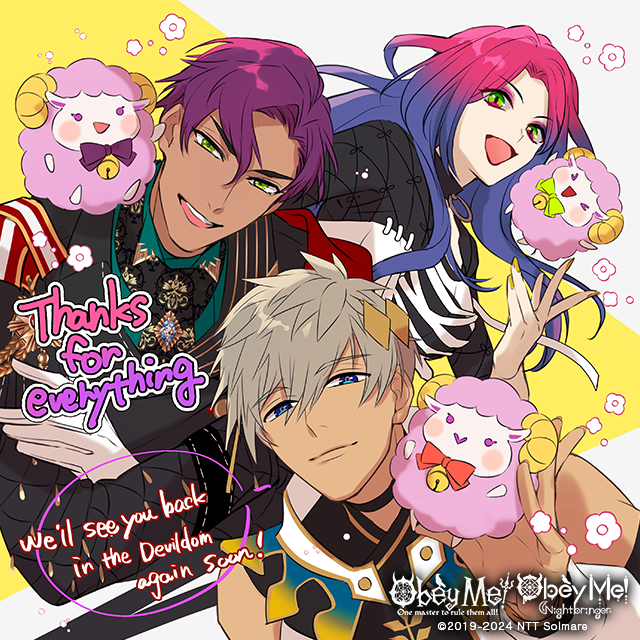 ObeyMeNB's tweet image. ＼Thank You Picture #6／
Here&apos;s to even more memories together! 💜

Thirteen: I&apos;ve never been able to get someone off my mind like you.
Mephistopheles: Come to me if you need anything. I&apos;ll be sure to help.
Raphael: I hope to always get to see that beautiful smile of yours.