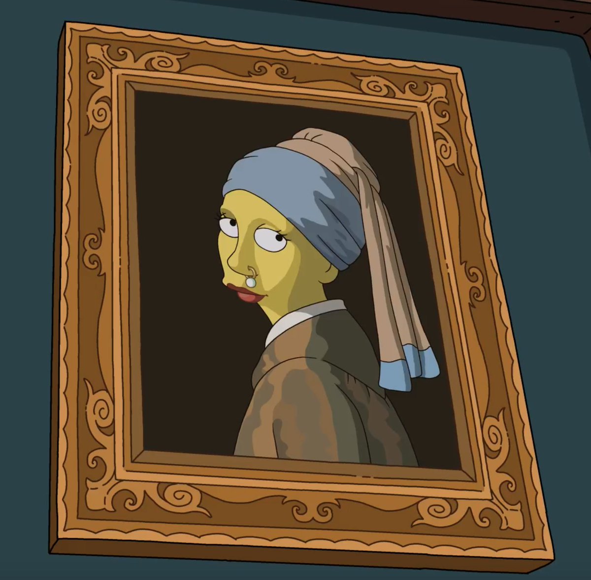 Rlazebnik's tweet image. We had various designs of Burns&apos; Vermeer, and ultimately decided the nose ring should closely resemble the original&apos;s earring.@thesimpsons