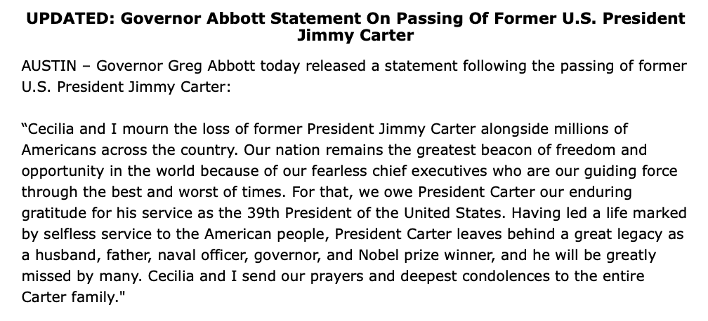 President Carter led a life marked by selfless service to the American people and leaves behind a great legacy.

Cecilia and I send our deepest condolences to the entire Carter family.

My full statement: bit.ly/3VZF92H