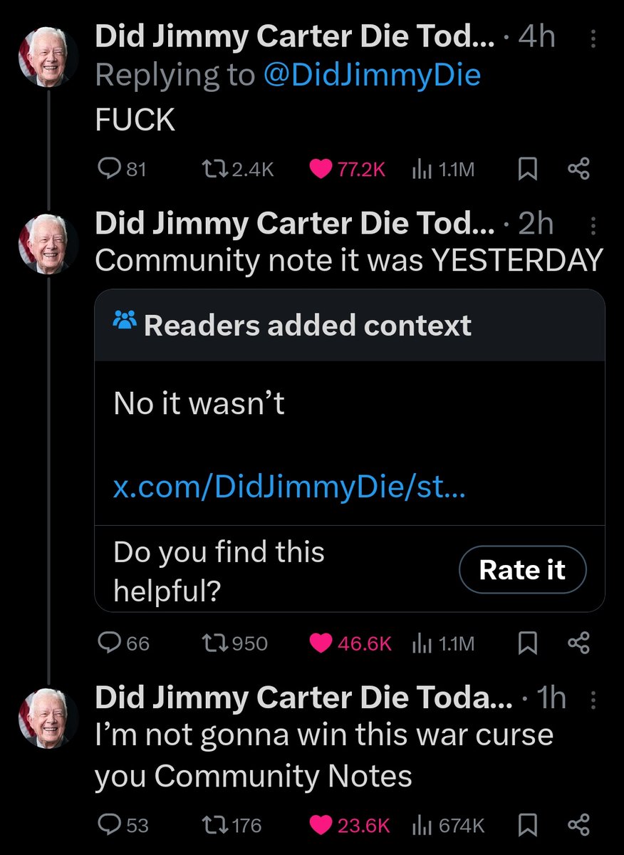 Jere_Memez's tweet photo. @DidJimmyDie @TABYTCHI I will never forget how I found out that Jimmy Carter had passed away. Thank you 𝕏. https://t.co/uuPpz7BBBO
